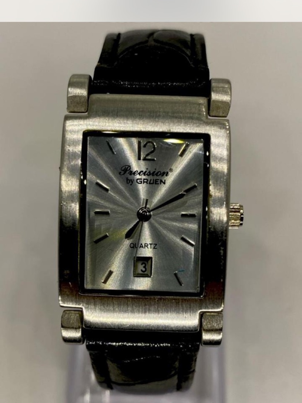 Ladies * Precision by Gruen * Silver-Tone Rectangular Quartz Watch / Black Strap